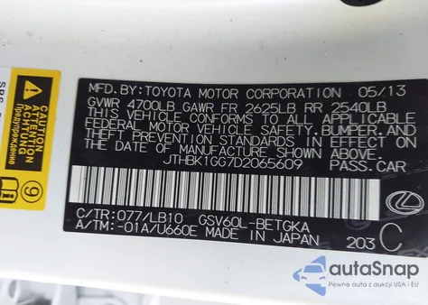 2013 Lexus Es 350 from USA, damaged, VIN JTHBK1GG7D2065609